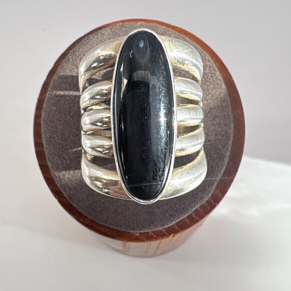 VTG Sterling Silver 925 Black Onyx Multiband Style Statement Ring Size 8.25 - Picture 1 of 8